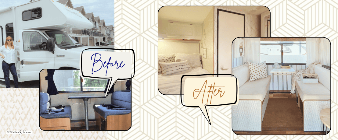 Before Images of a Brown RV Dinette and After of Bright and Light RV Dinette and Bed area
