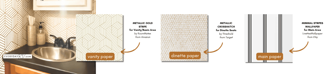 Image of a small RV basin and  samples of three wallpapers.